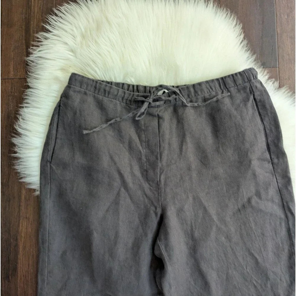 Zara 100% Linen Grey Greige Pull On Elastic Wide Leg Pants L Large